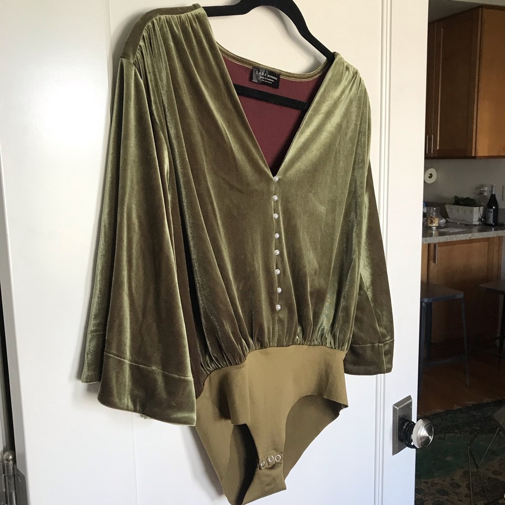 ZARA green velvet blouse w/ bodysuit